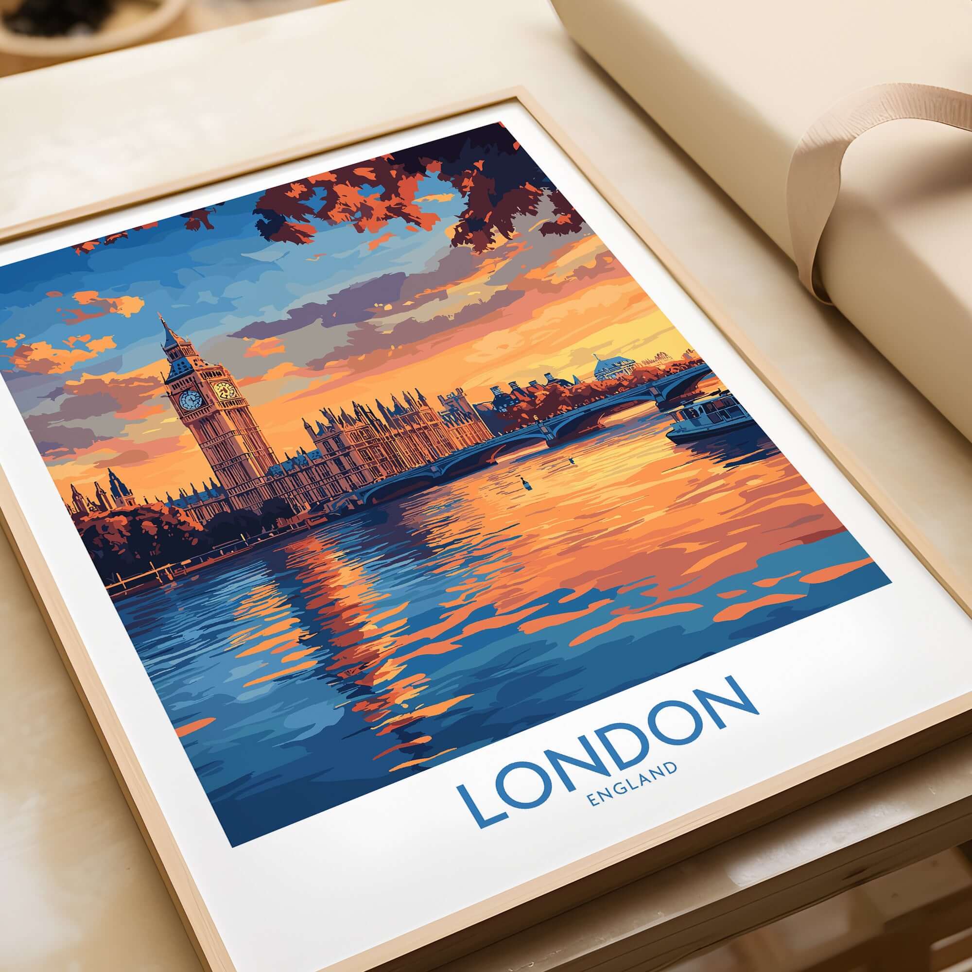 London Skyline Wall Art | Thames River & Parliament Print showcasing Big Ben and the River Thames at sunset.