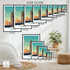 Size guide for London wall art prints featuring Big Ben in various frame sizes and styles. Perfect for gallery walls.
