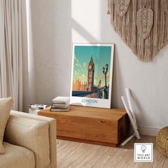 Modern London wall art print featuring Big Ben, perfect for home decor or as a gift, displayed in a cozy living room setting.