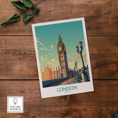 London wall art print featuring Big Ben and iconic landmarks in modern style, perfect for home decor.