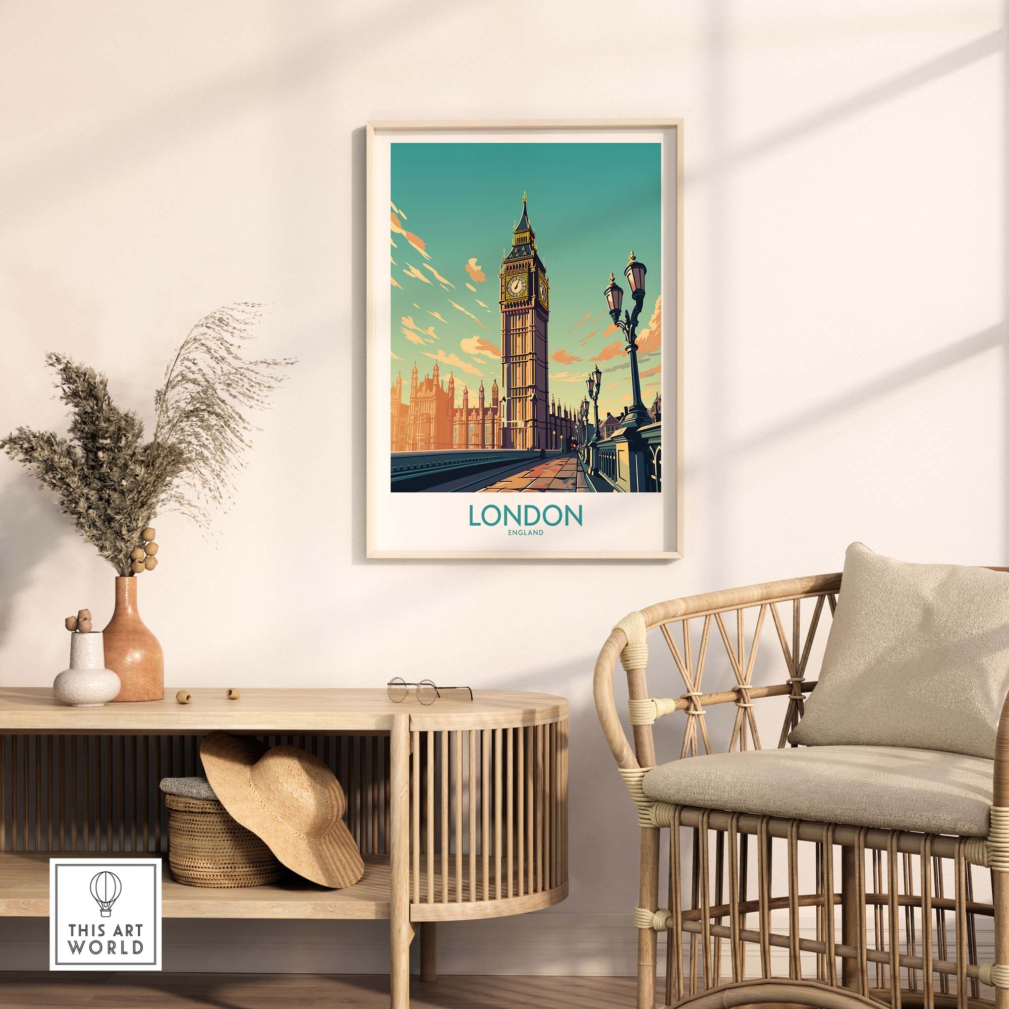 London Wall Art print featuring Big Ben in a modern style, displayed in a bright living space with a cozy chair.
