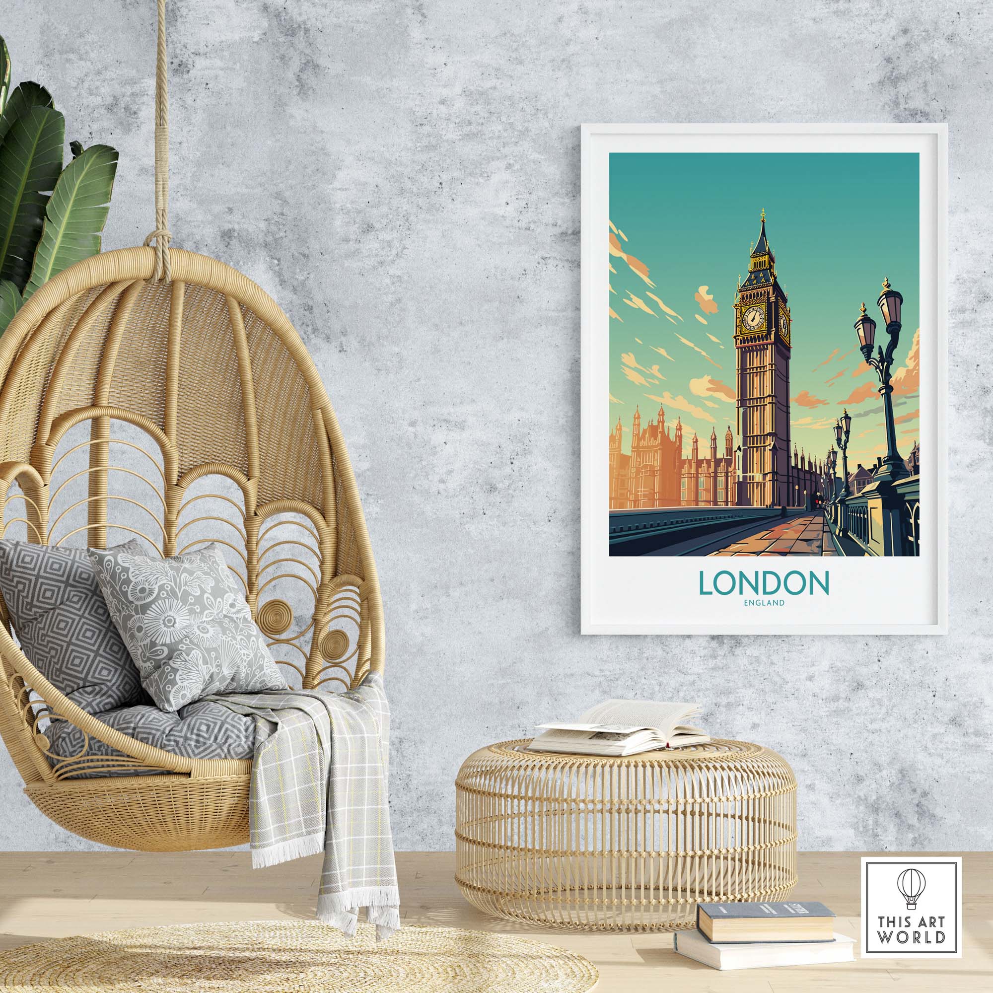London wall art print featuring Big Ben in modern style, displayed in a cozy interior with hanging chair and decor.
