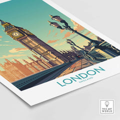 Modern London wall art print featuring Big Ben and iconic architecture, perfect for home decor and gifts.