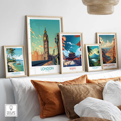 London wall art print featuring Big Ben, alongside framed prints of Philippines, Beijing, Costa Rica, and Grand Canyon.