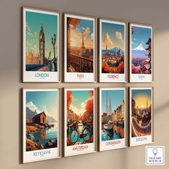 Modern wall art prints featuring London, Paris, Florence, Tokyo, Reykjavik, Amsterdam, Copenhagen, and Barcelona.
