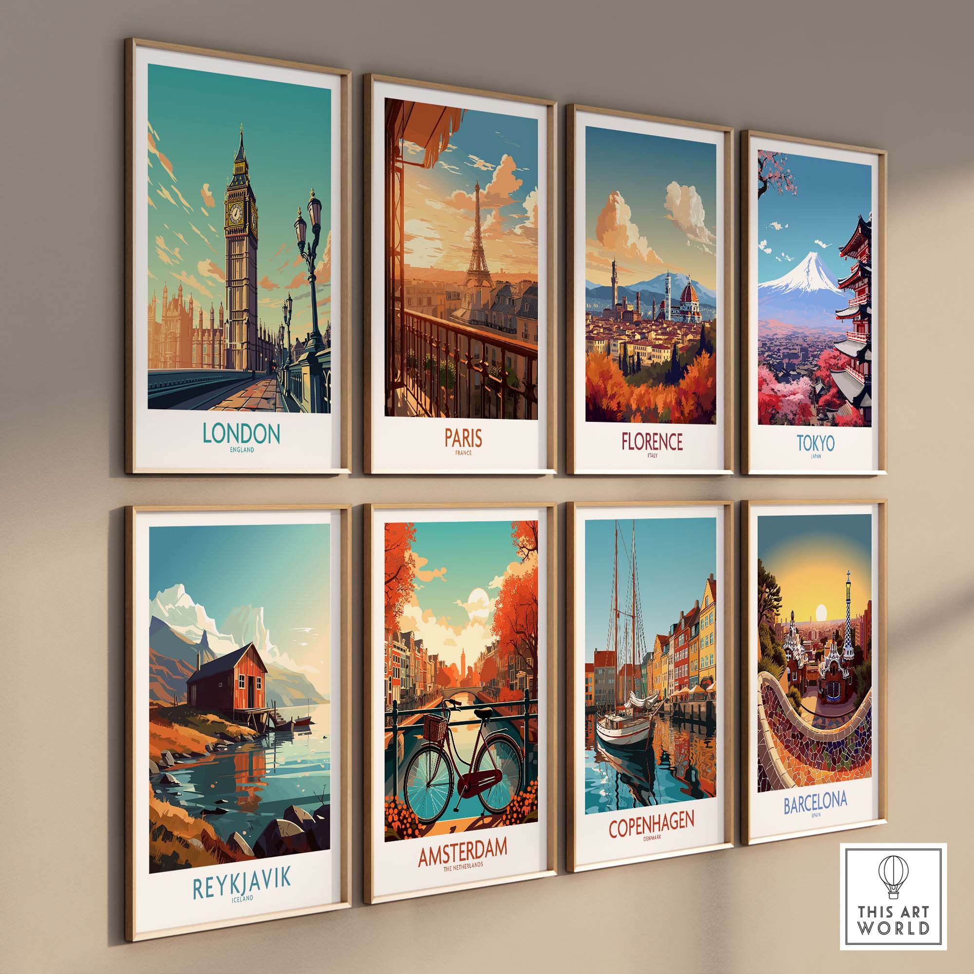 Modern wall art prints featuring London, Paris, Florence, Tokyo, Reykjavik, Amsterdam, Copenhagen, and Barcelona.