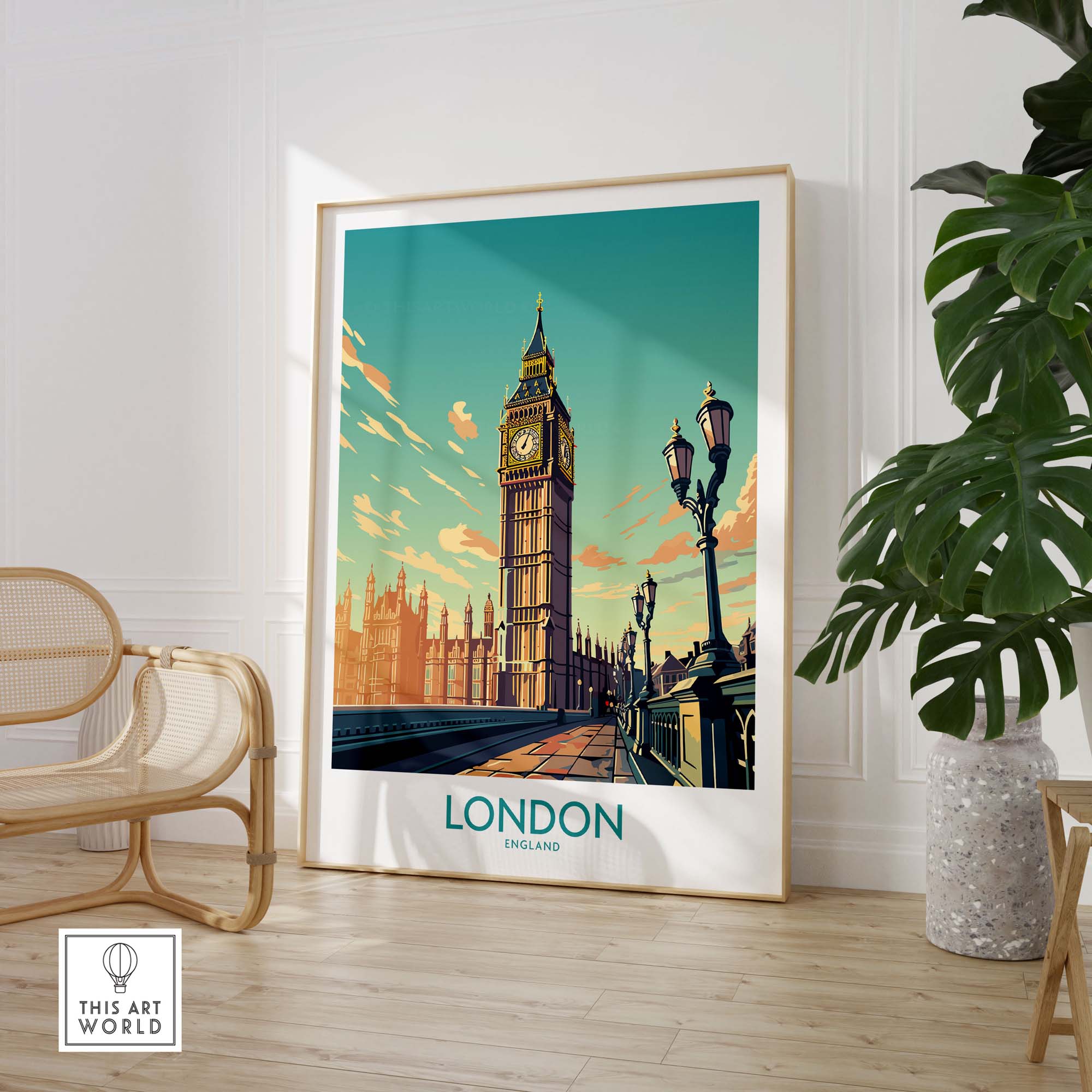 London wall art print featuring Big Ben and iconic landmarks, perfect for modern home decor.