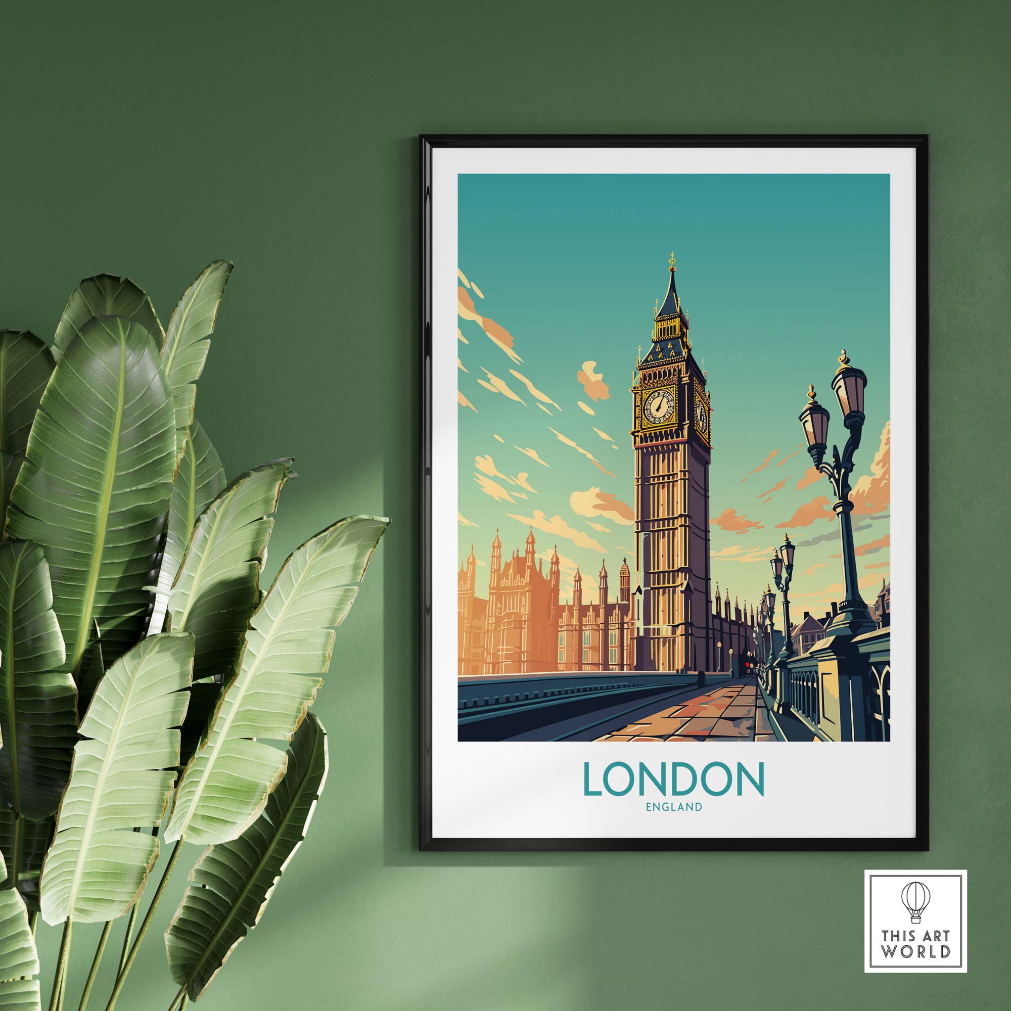London wall art print featuring Big Ben, modern style decor for home or gallery wall with green background.