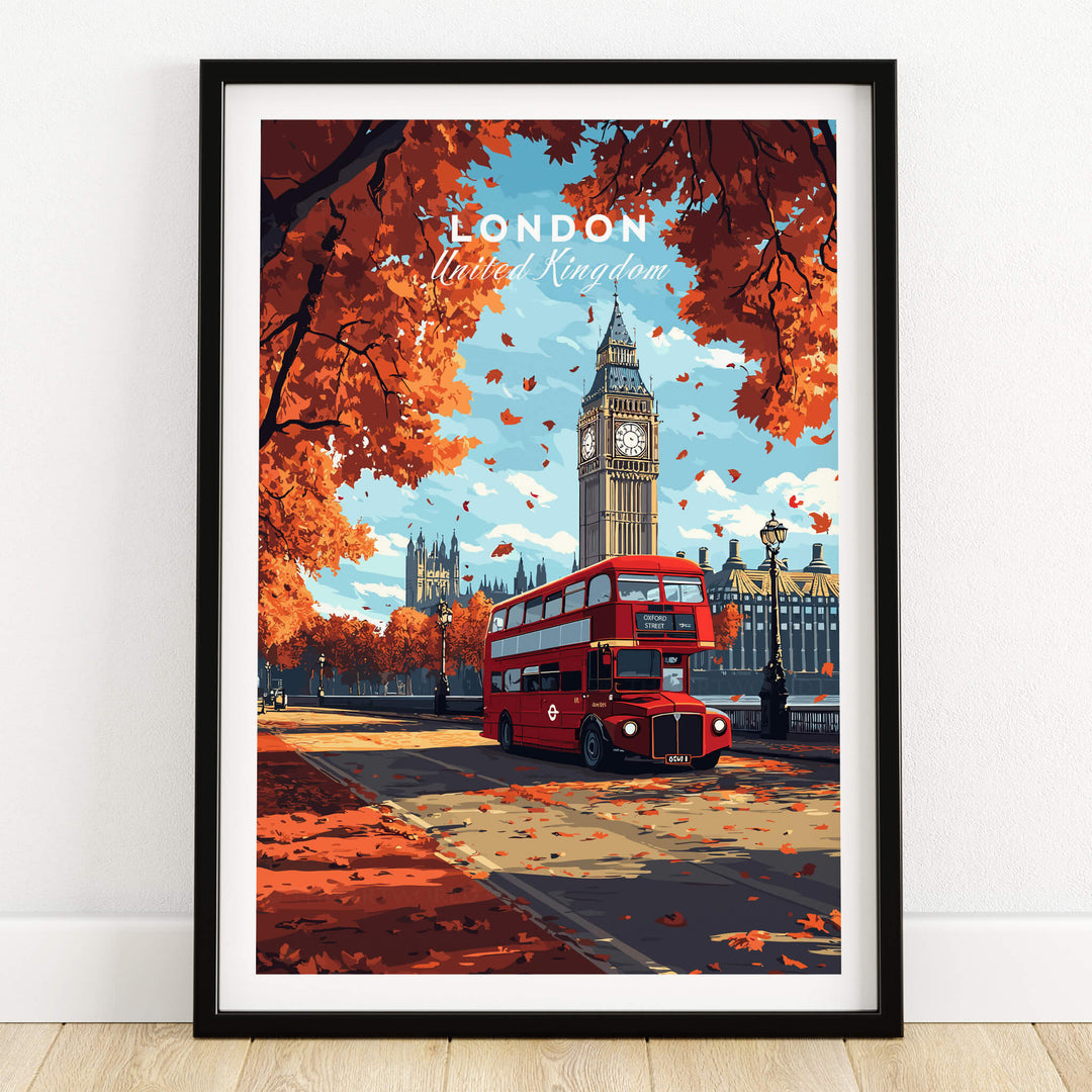 London Travel Print featuring Big Ben and a red bus in autumn leaves in a framed design.
