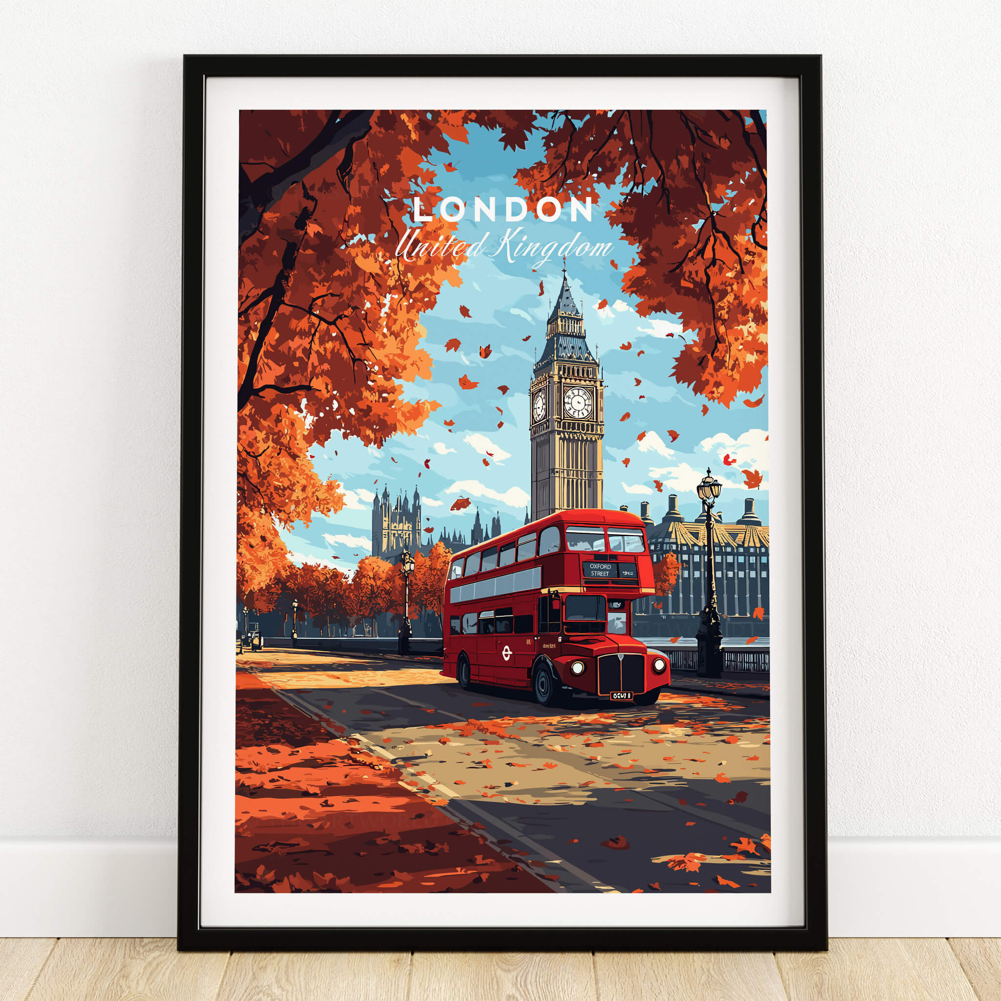 London Travel Print featuring Big Ben and a red bus in autumn leaves in a framed design.