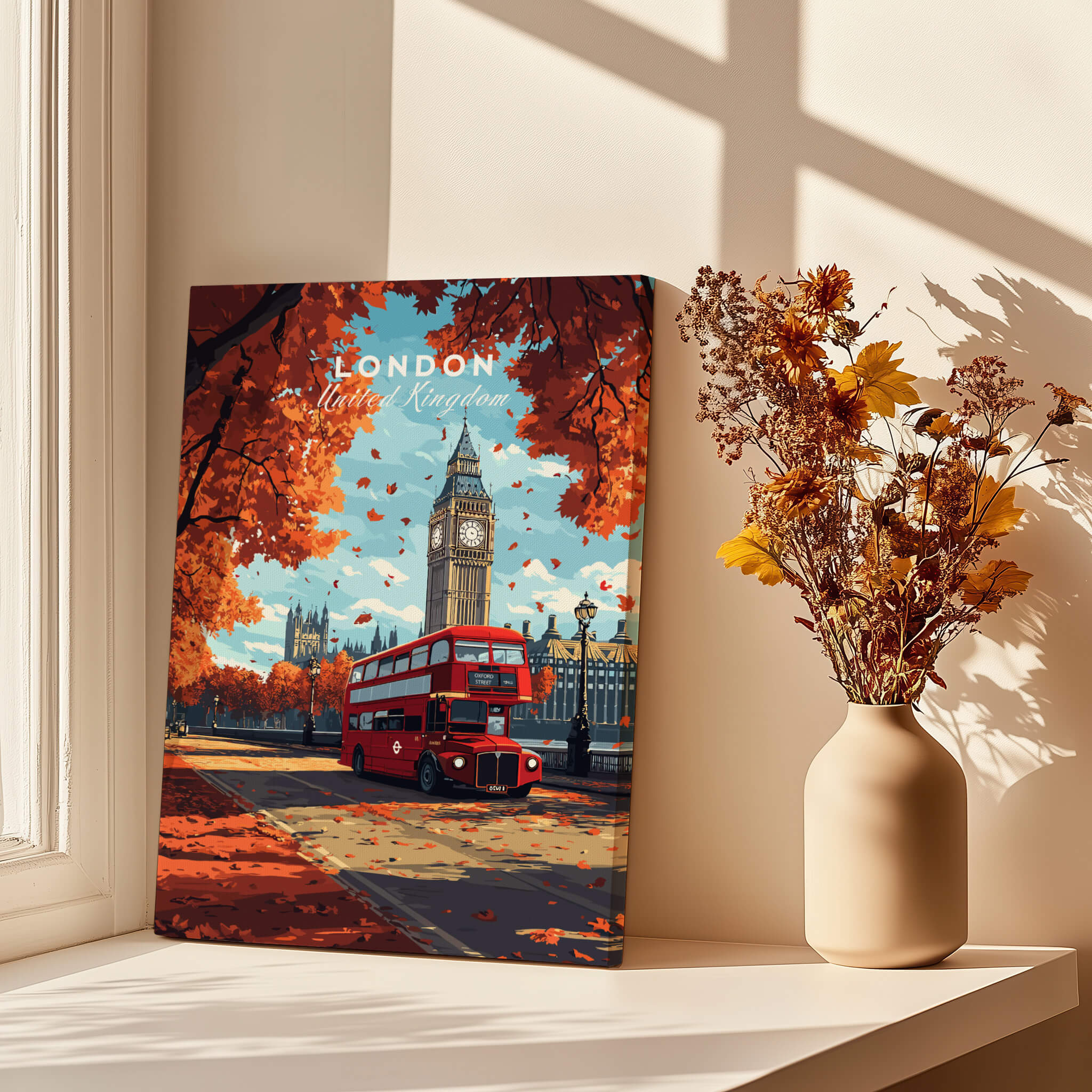 London Travel Print featuring Big Ben and a red bus in autumn scenery.