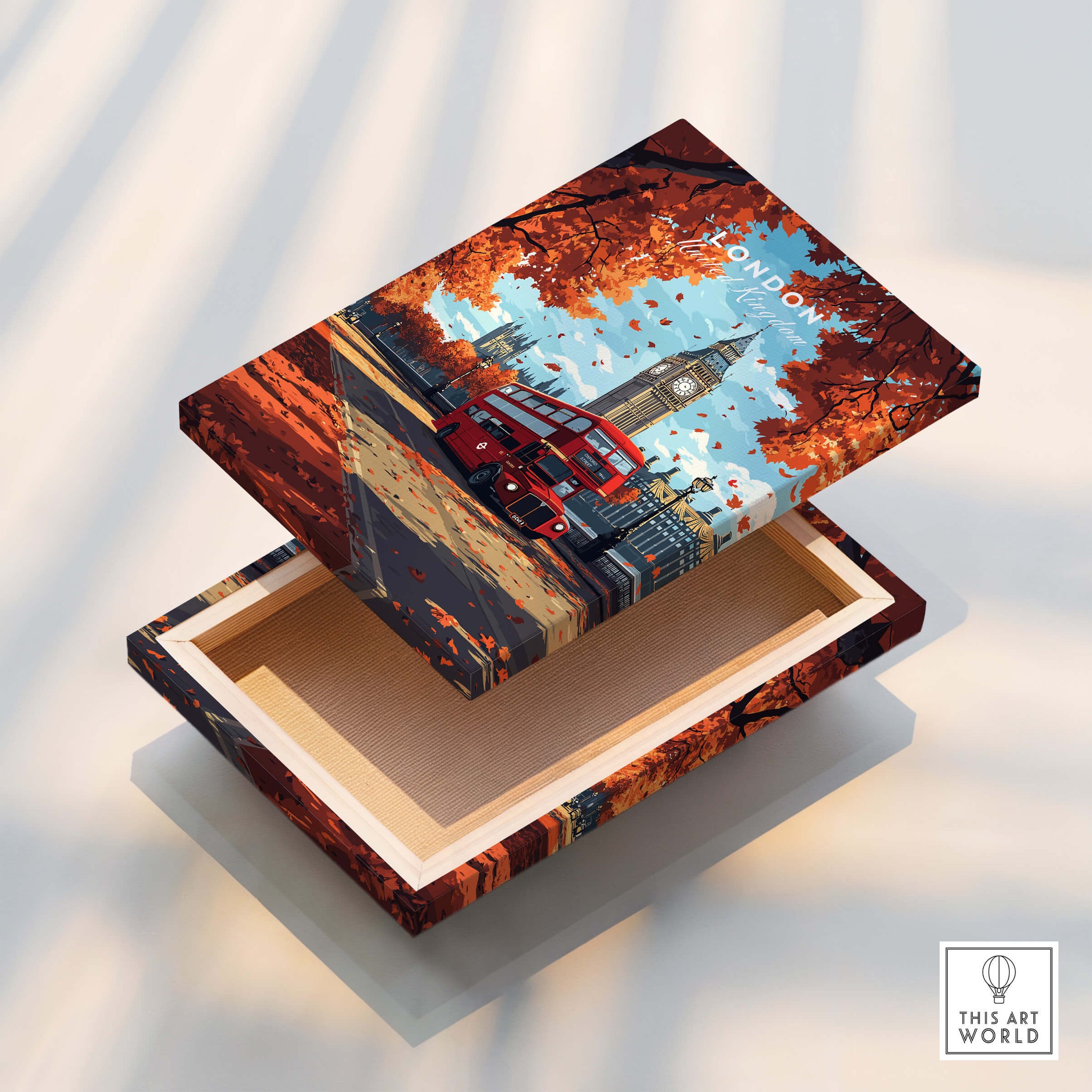London Travel Print showcasing Big Ben and a red bus in an autumn setting on a decorative box.