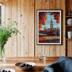 London Travel Print showcasing Big Ben and a red bus in an autumn setting, perfect for home decor.