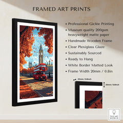 London Travel Print framed art print featuring Big Ben and a red bus in autumn.