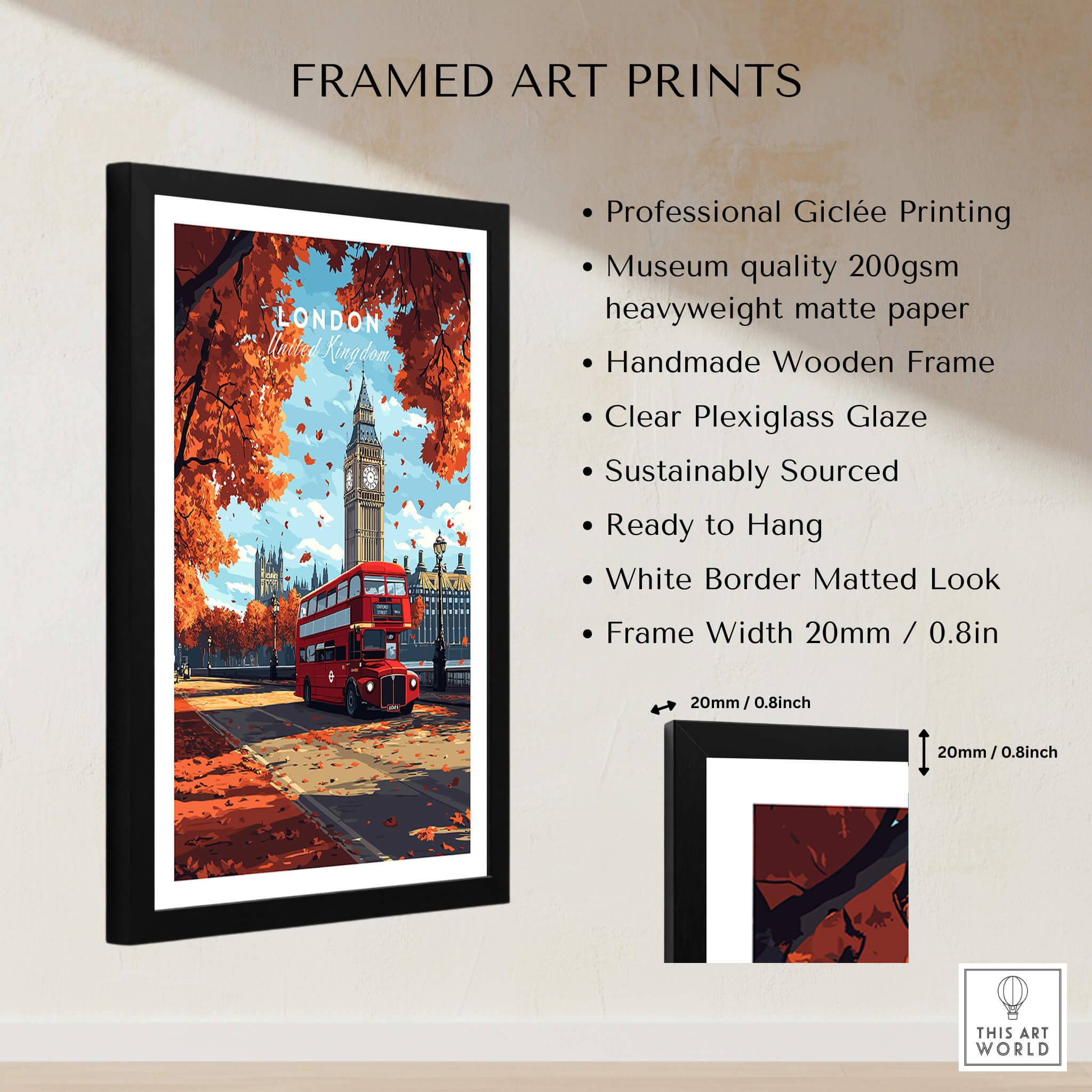 London Travel Print framed art print featuring Big Ben and a red bus in autumn.