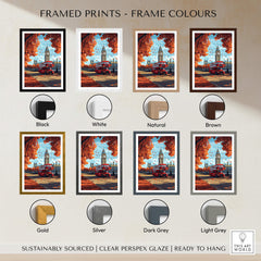 London Travel Print framed in various colors including black, white, natural, brown, gold, silver, dark grey, light grey.