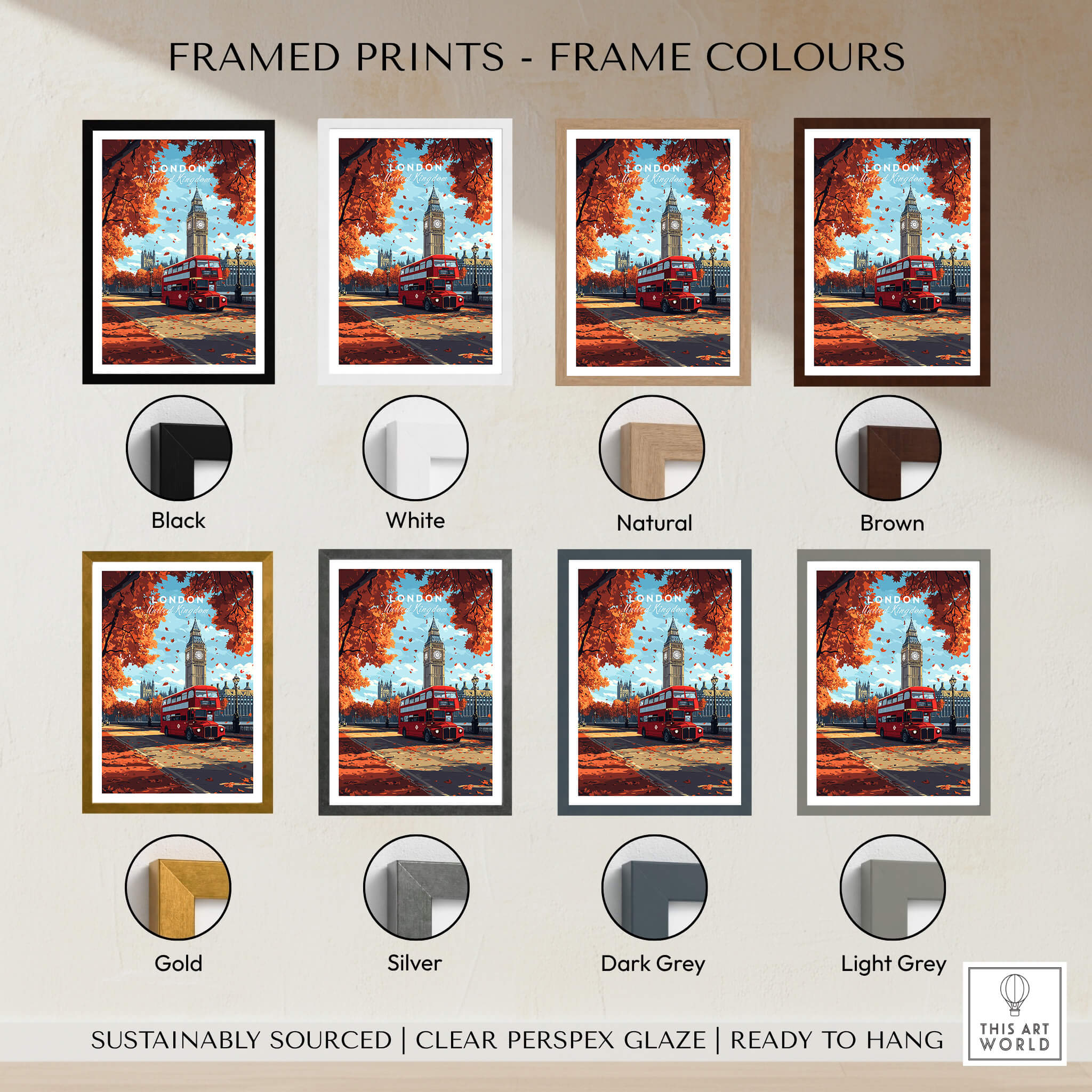 London Travel Print framed in various colors including black, white, natural, brown, gold, silver, dark grey, light grey.