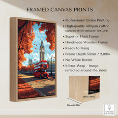 London Travel Print showcasing Big Ben and a red bus in a framed canvas design with autumn colors.