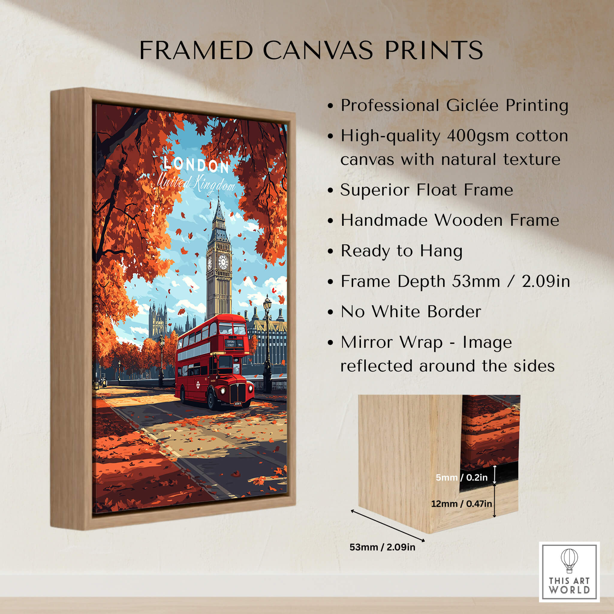 London Travel Print showcasing Big Ben and a red bus in a framed canvas design with autumn colors.