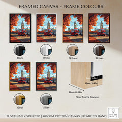 London Travel Print options in framed canvas with various frame colors including black, white, natural, brown, gold, and silver.