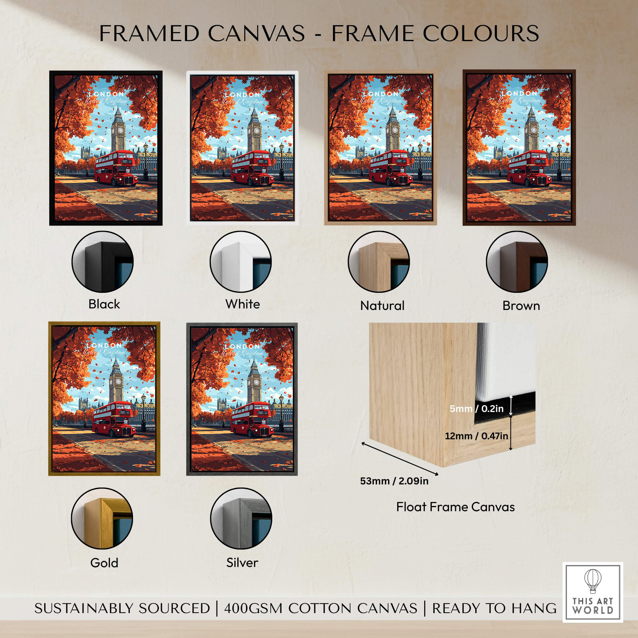 London Travel Print options in framed canvas with various frame colors including black, white, natural, brown, gold, and silver.