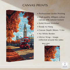 London Travel Print featuring Big Ben, red bus, autumn leaves, and professional Giclée printing.