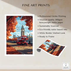 London Travel Print featuring Big Ben and a red bus, perfect for home decor or travel enthusiasts.