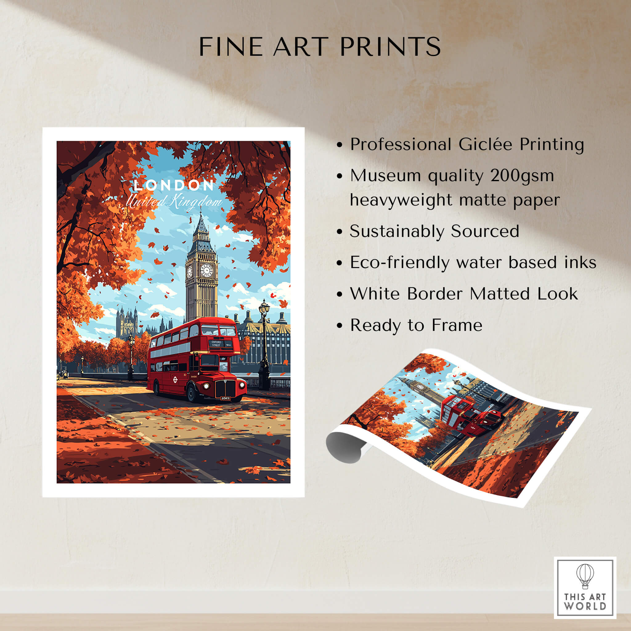 London Travel Print featuring Big Ben and a red bus, perfect for home decor or travel enthusiasts.