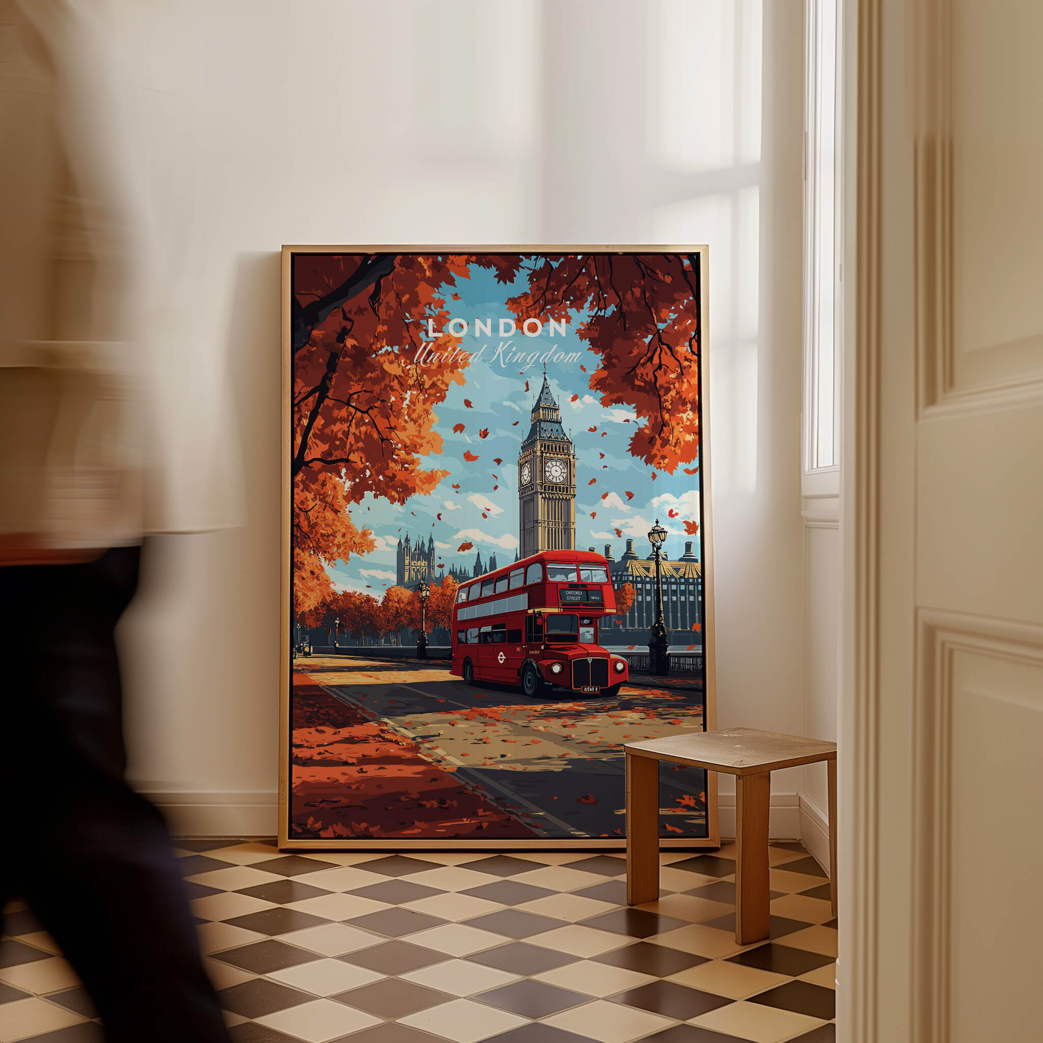 London Travel Print showcasing Big Ben and a red bus in autumn scenery.