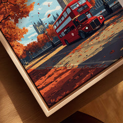 London Travel Print showcasing a red double-decker bus amidst autumn leaves and iconic London architecture.