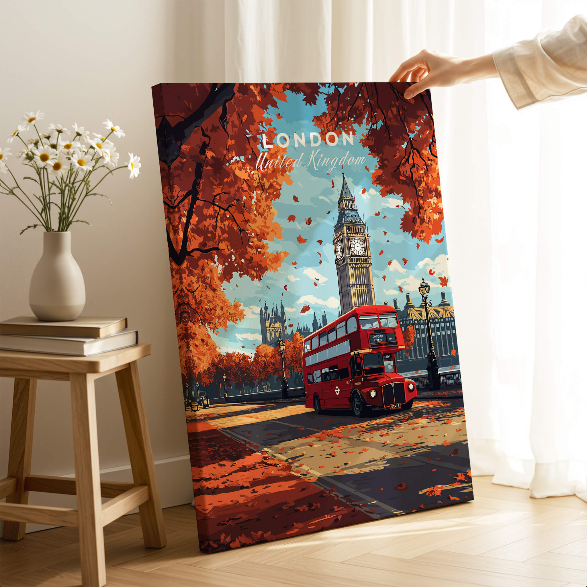 London Travel Print featuring Big Ben and a red bus in autumn scenery, capturing the beauty of London.