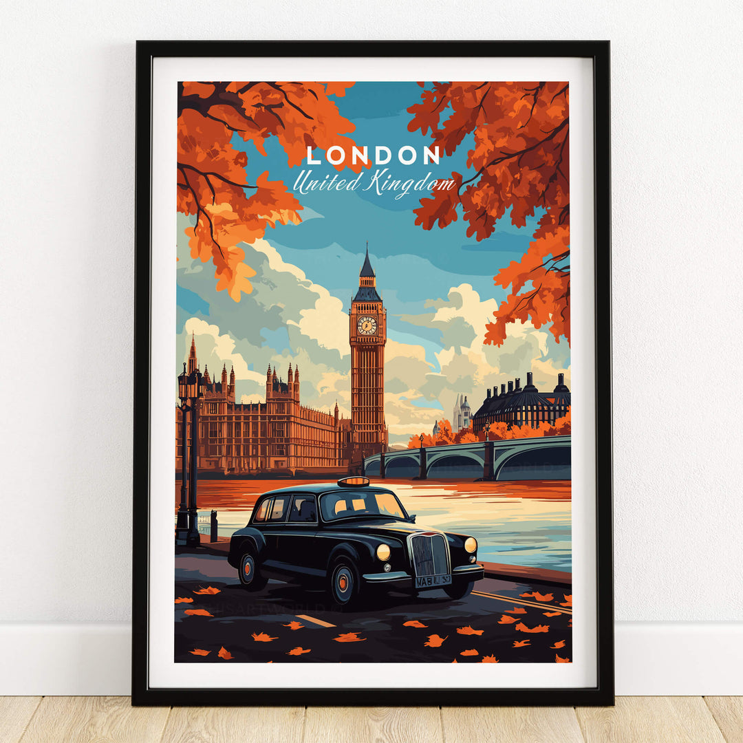 London Wall Art featuring Big Ben and a black cab in an autumn setting, perfect for interior decor.