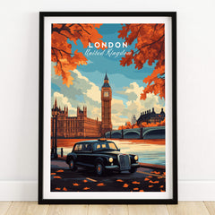 London Wall Art featuring Big Ben and a black cab in an autumn setting, perfect for interior decor.