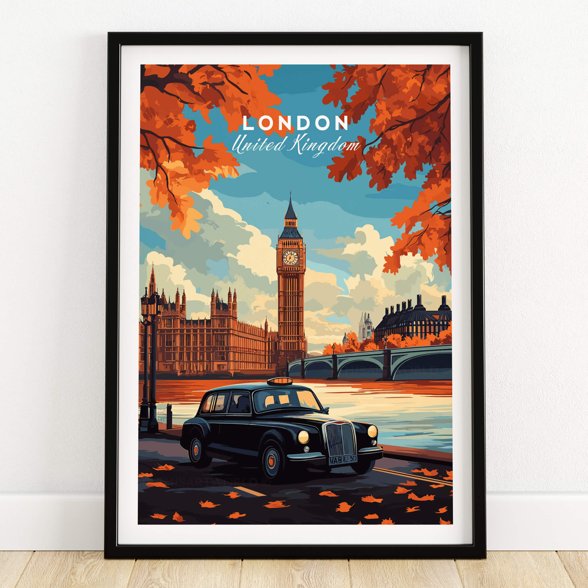 London Wall Art featuring Big Ben and a black cab in an autumn setting, perfect for interior decor.