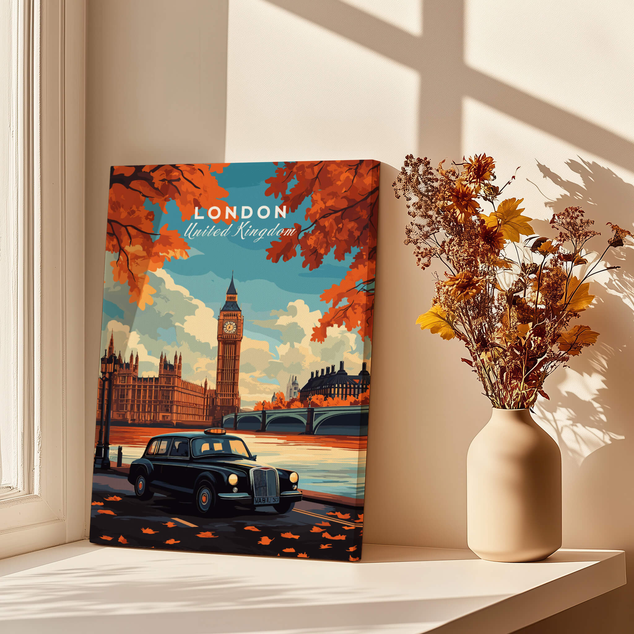 London Wall Art featuring Big Ben and a classic black cab in autumn setting.