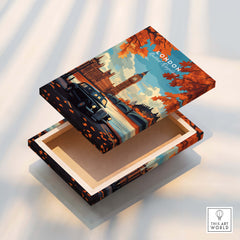 London Wall Art showcasing Big Ben in autumn colors with a classic black cab on a wooden box.