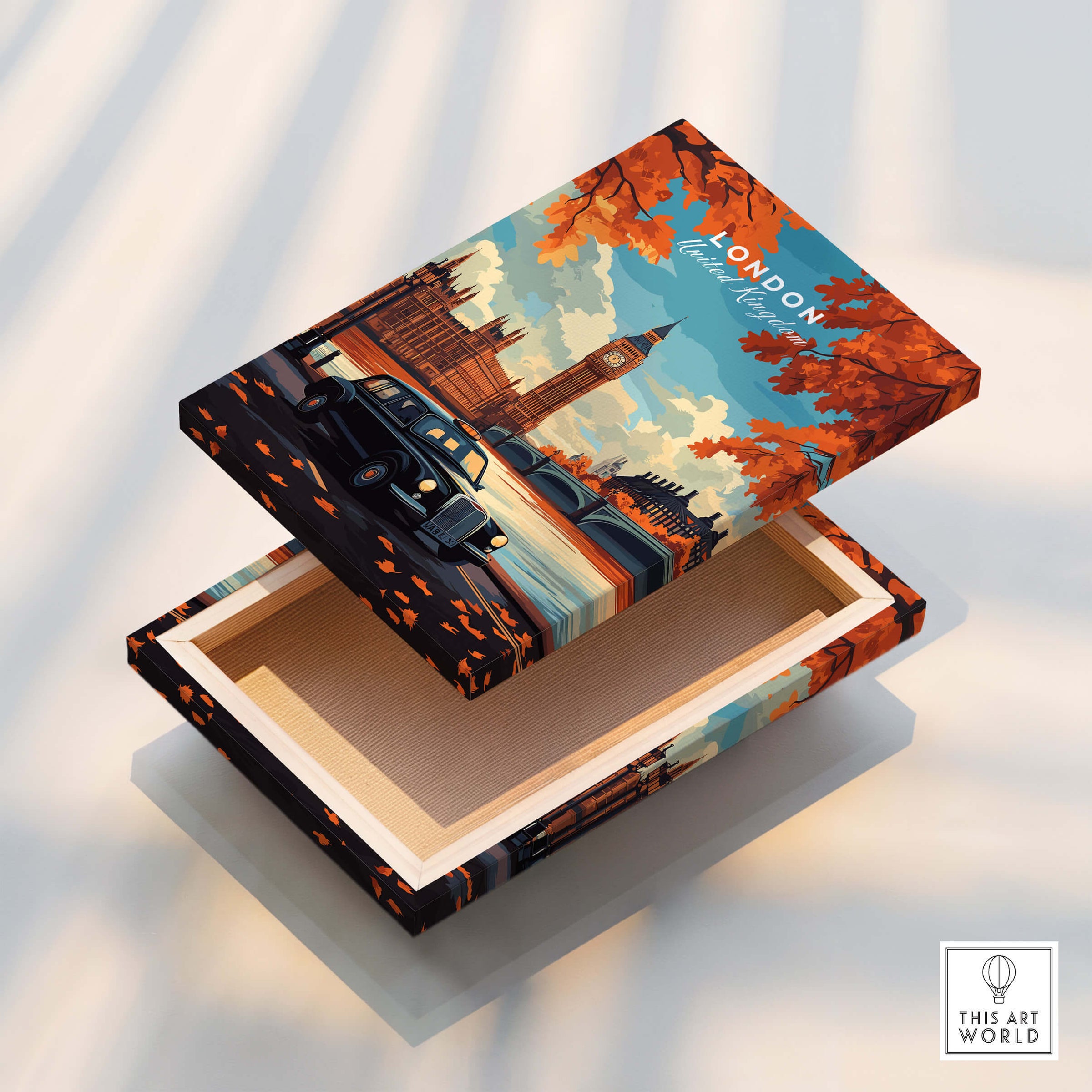 London Wall Art showcasing Big Ben in autumn colors with a classic black cab on a wooden box.