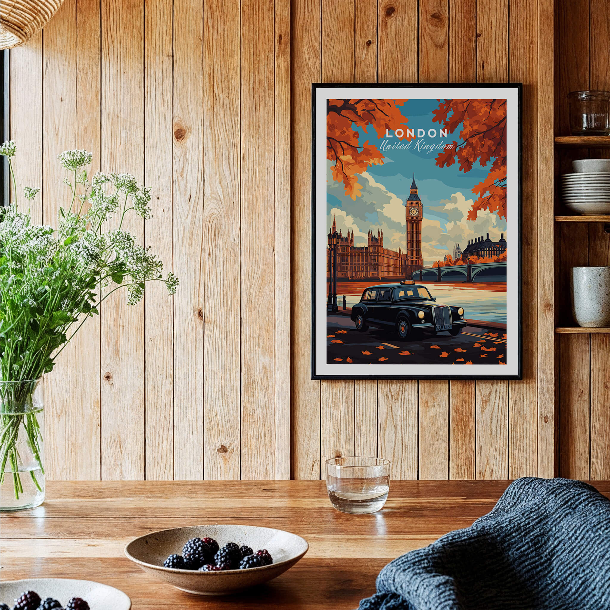 London Wall Art featuring Big Ben and a black cab in a stylish home decor setting.