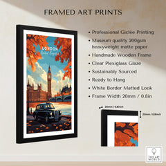London Wall Art framed print showcasing Big Ben and a black cab with autumn leaves details.