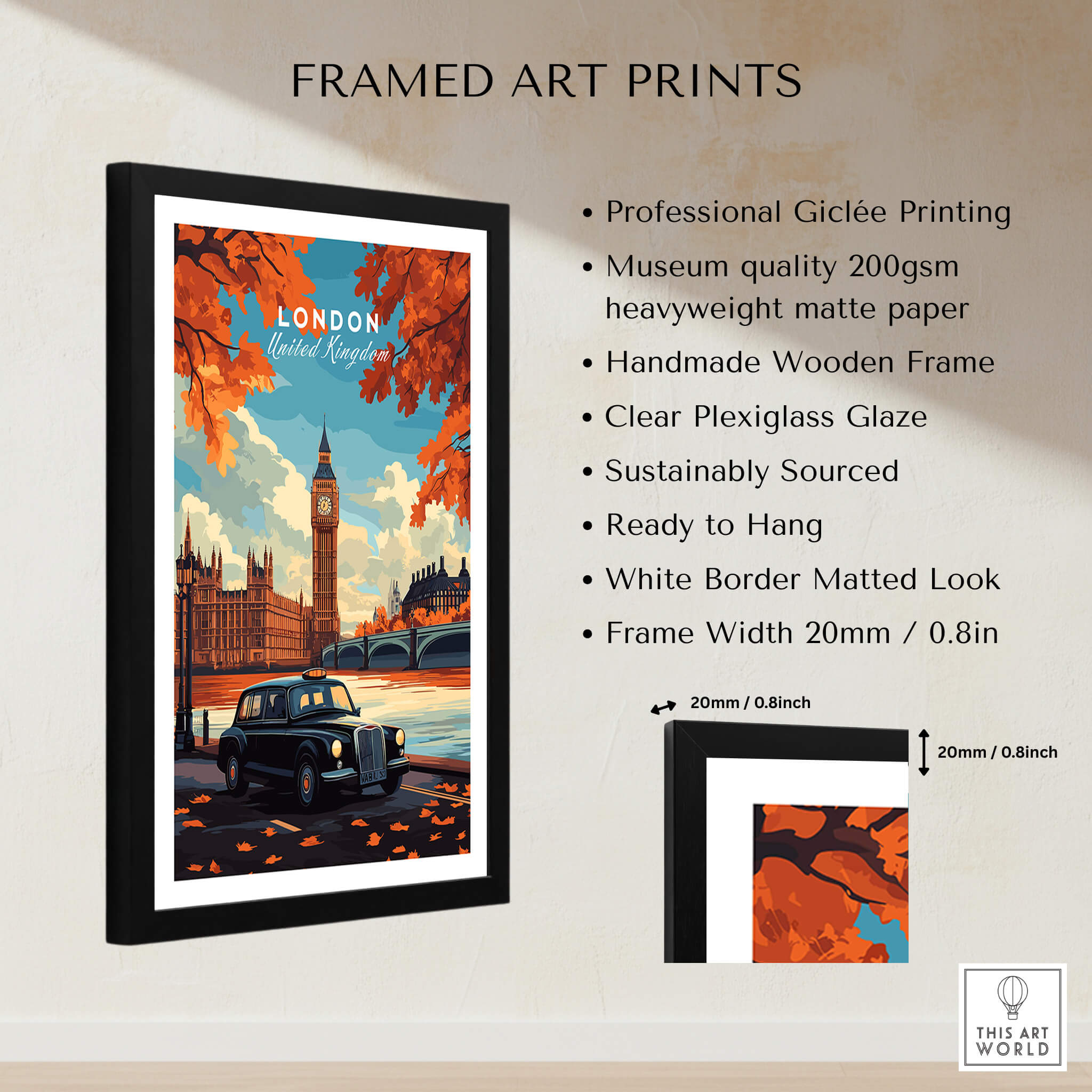 London Wall Art framed print showcasing Big Ben and a black cab with autumn leaves details.