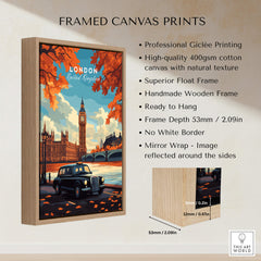London Wall Art featuring iconic landmarks and a black cab in a framed canvas print.