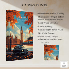 London Wall Art showcasing Big Ben and a black cab with autumn leaves in vibrant colors.