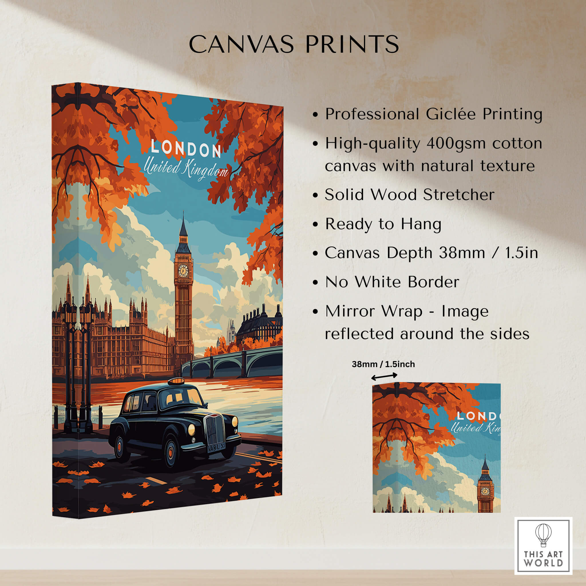 London Wall Art showcasing Big Ben and a black cab with autumn leaves in vibrant colors.