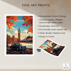 London Wall Art featuring Big Ben and black cab with autumn leaves, perfect for stylish home decor.