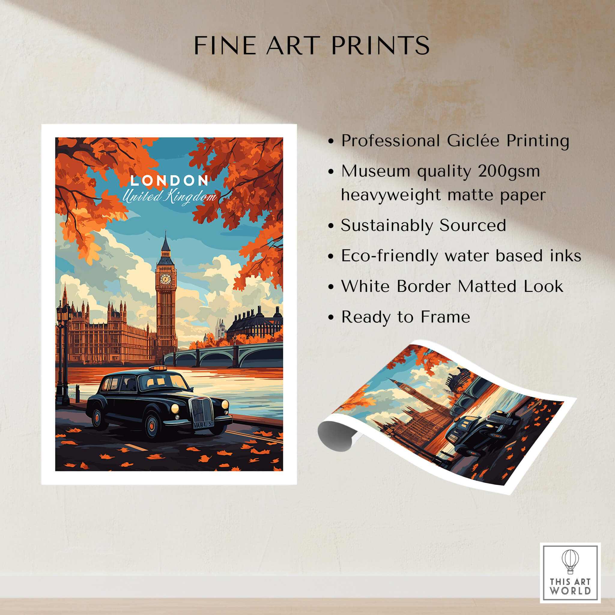 London Wall Art featuring Big Ben and black cab with autumn leaves, perfect for stylish home decor.