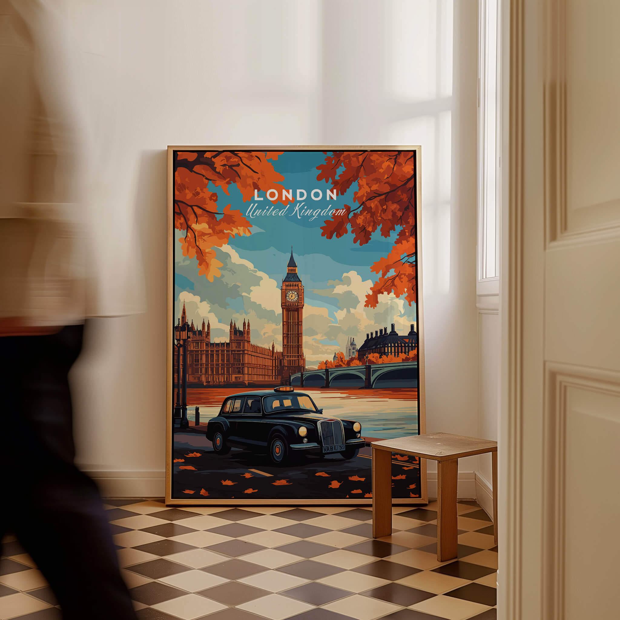 London Wall Art featuring Big Ben and a classic black cab in an elegant setting.