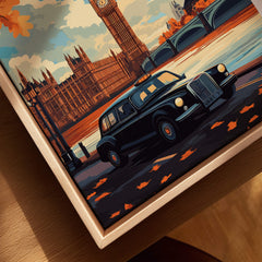 London Wall Art featuring a black cab in front of Big Ben, capturing the essence of London's urban elegance.