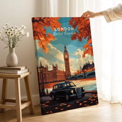 London Wall Art showcasing Big Ben and a black cab in autumn colors, ideal for urban decor.