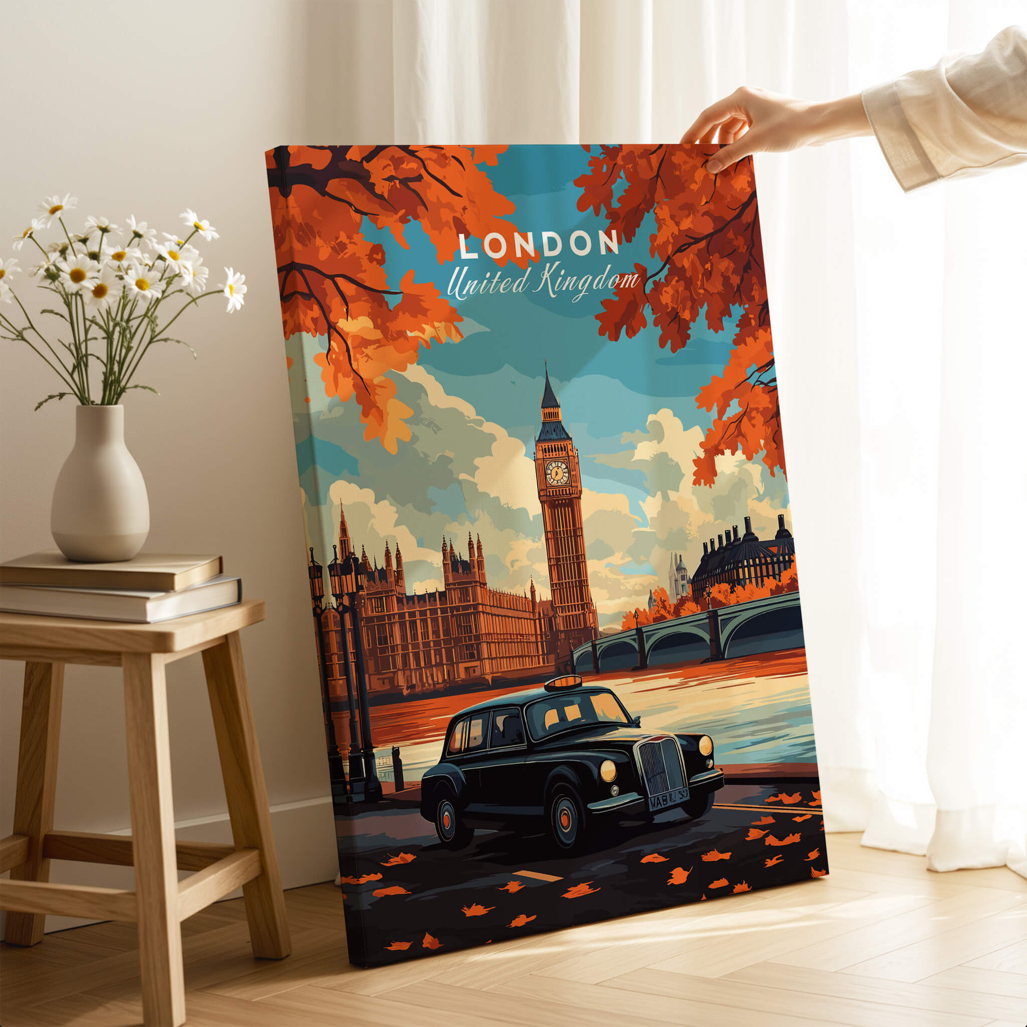 London Wall Art showcasing Big Ben and a black cab in autumn colors, ideal for urban decor.