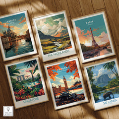 London Wall Art featuring iconic landmarks like Big Ben and a classic black cab in a stylish poster collection.